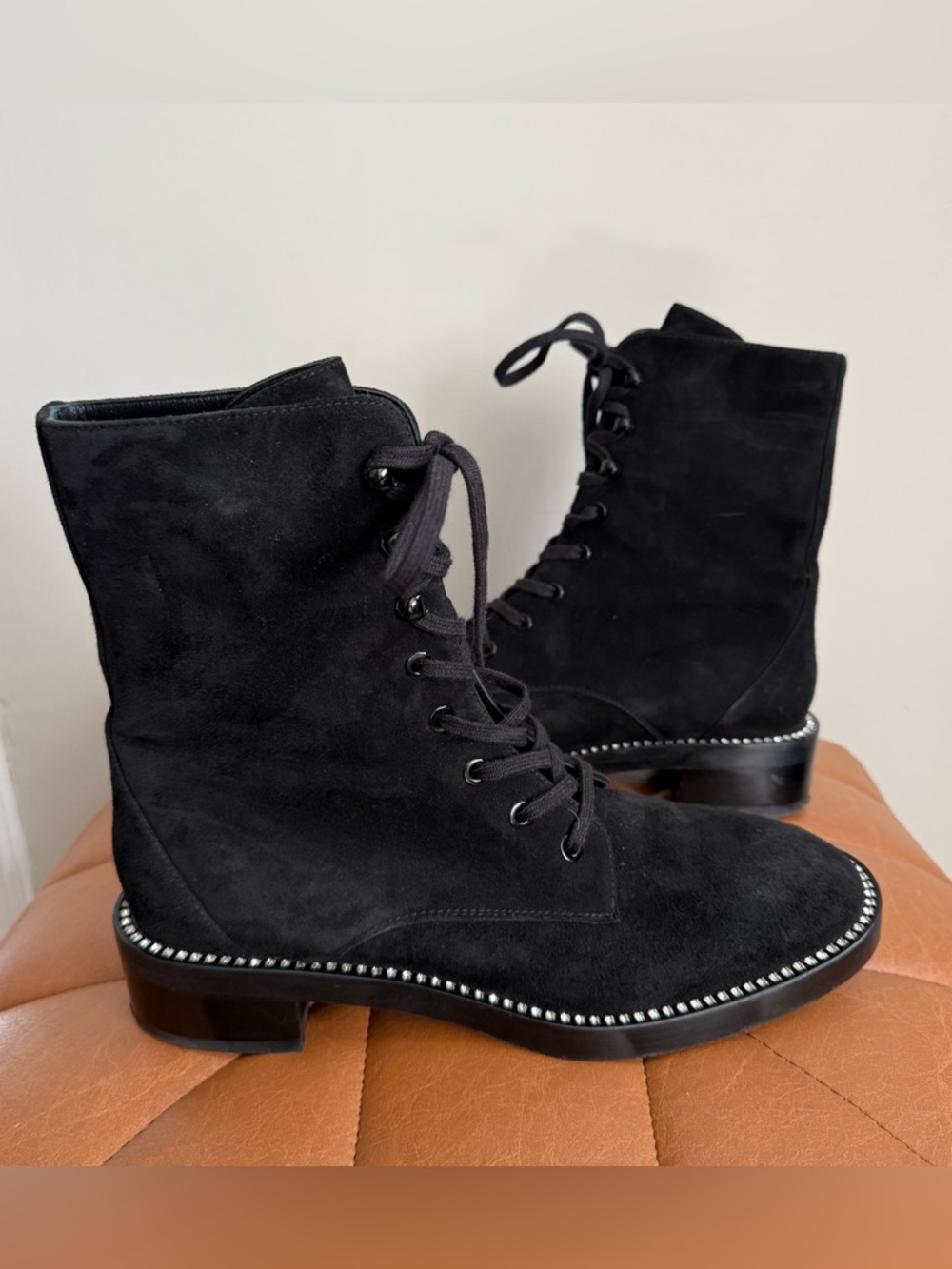 Stuart Weitzman Sondra Black Suede Crystal Trim Lace-Up Combat Booties - Size 8